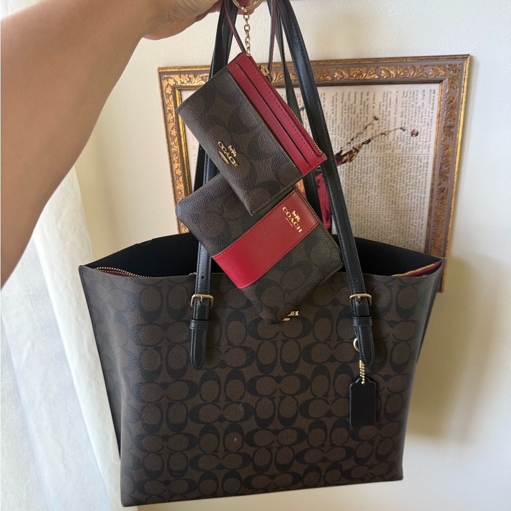 Coach Brown Signature Canvas Tote with Black Handles and Red Accent Pouch Set